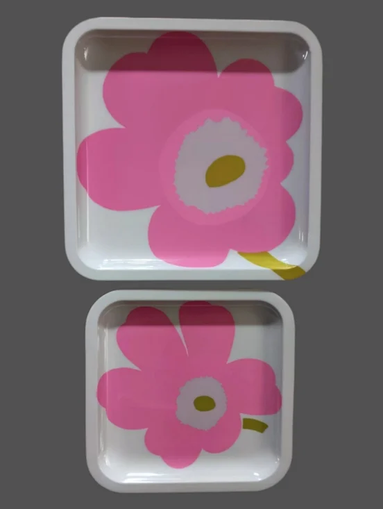 VTG Zak & Marimekko "Unikko" Set of 4 Pink and White Melamine Square Plates - Picture 2 of 9